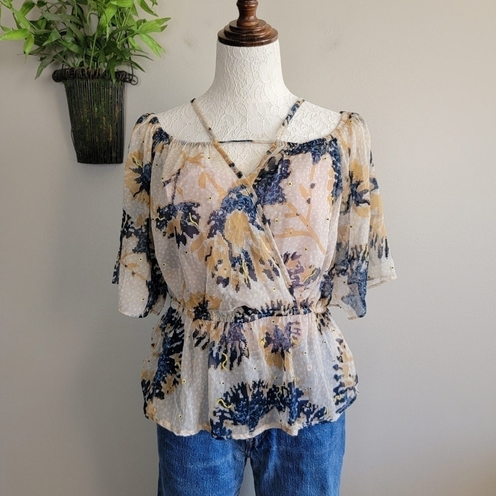 Anthropologie M NEW Let Me Be Off The Shoulder Sheer Beaded Peplum Top Blouse